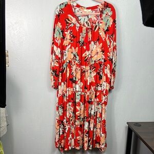 Easel New with Tag Red Floral Tier Ruffle Drawstring Neck Maxi Dress Large